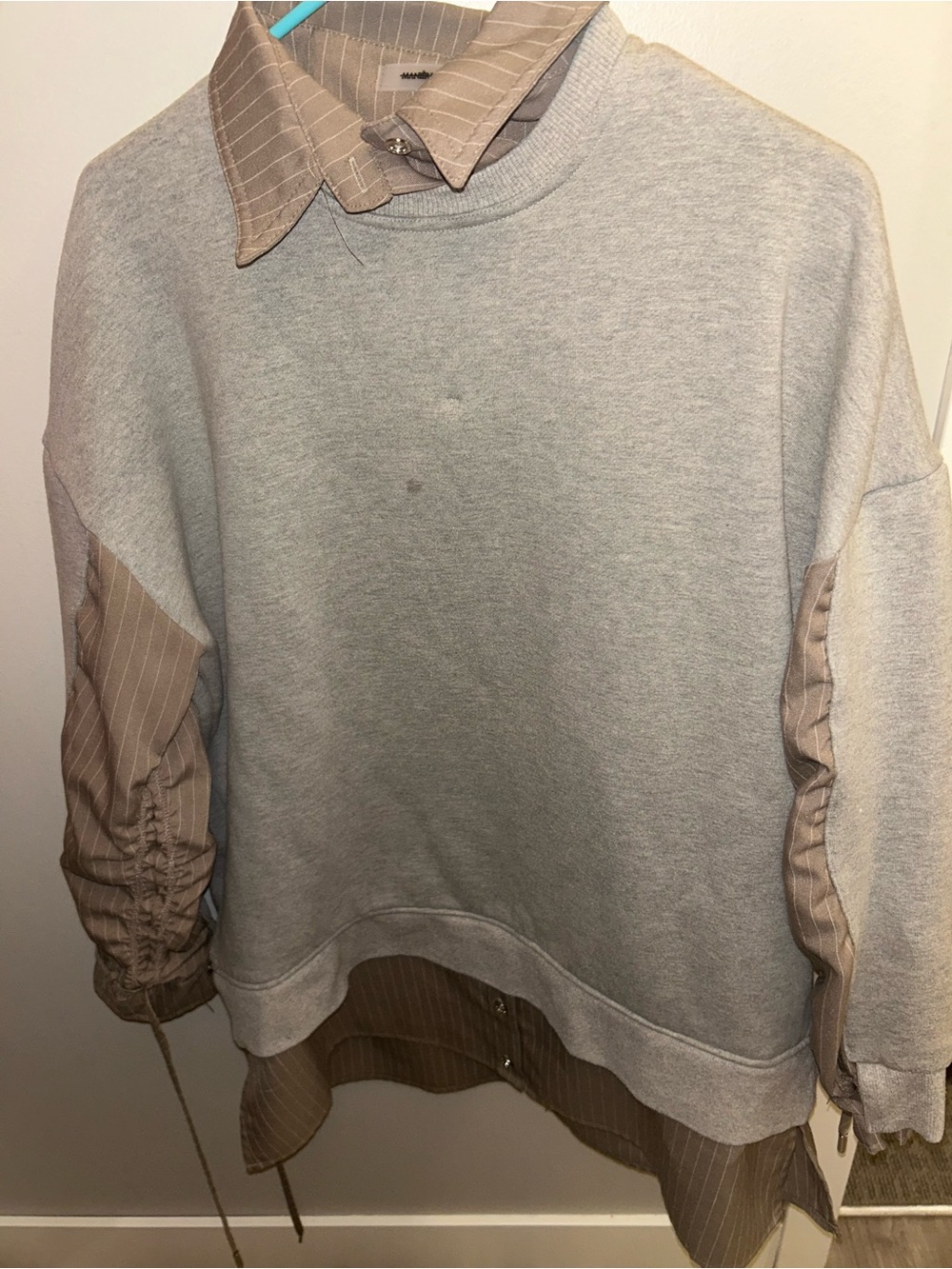 Maniere De Voir Light Gray Sweatshirt with Tan Pinstripe Shirt Details